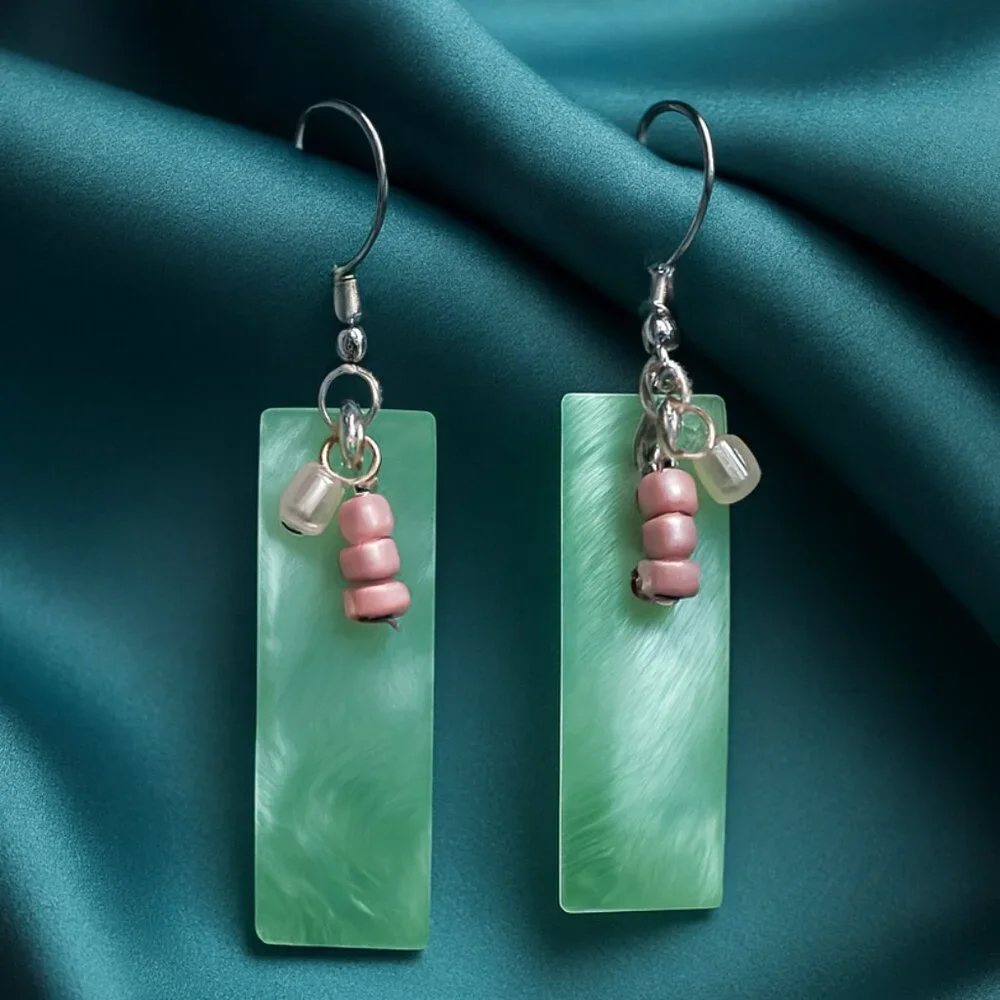 Handmade Green & Pink Beaded Dangle Earrings – Silver Hook Artisan Jewelry 1.5